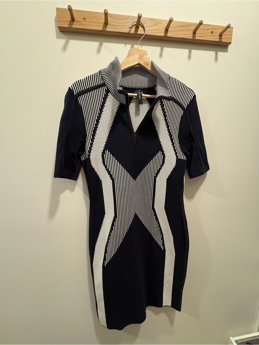 Marccain Women’s Black & White Short-Sleeve Knit Dress with Zip Collar
